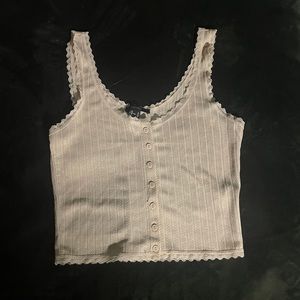 Lace trimmed, button front, tank top.